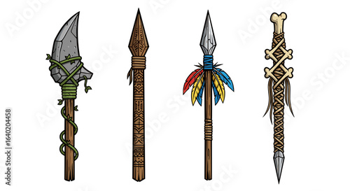 Collection of Cartoon Spears and Weapons for Fantasy or Ancient Themes