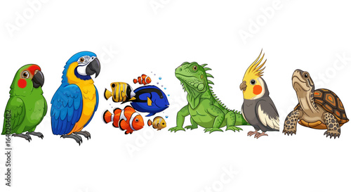 Cartoon Pet Collection: Birds, Fish, Reptile and Turtle Illustration