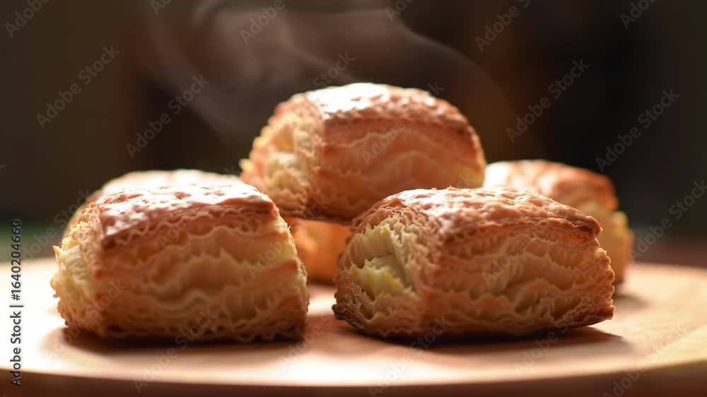 Steaming hot khari biscuits on a wooden plate, showcasing the flaky texture and inviting aroma in a cozy, well-lit setting perfect for food-related content Steaming hot khari biscuits on a wooden plate, showcasing the flaky texture and inviting aroma in a cozy, well-lit setting perfect for food-related content