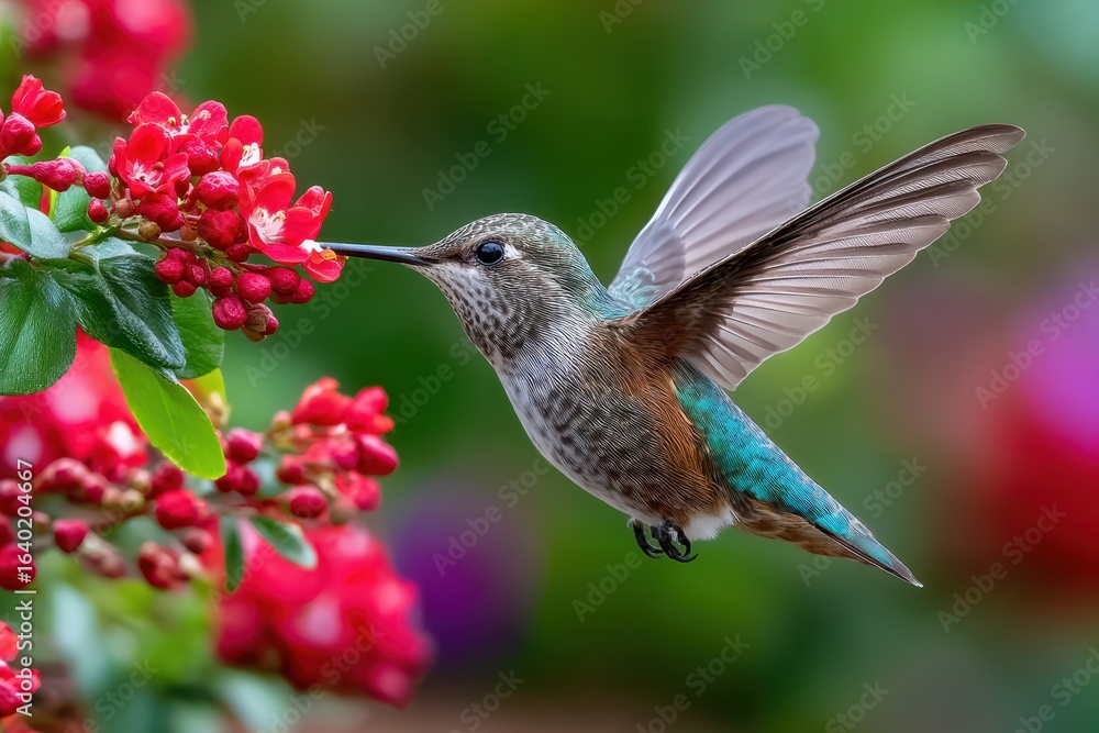 Fototapeta premium Hummingbird in Flight Nectar Feeding Red Blossoms Green Background