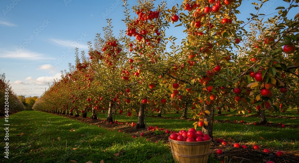 Naklejka premium Apple orchard with rows of trees laden with ripe red apples, and a basket filled with harvested fruit in the foreground.
