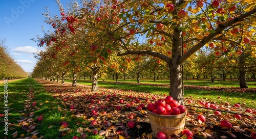 Rows of apple trees laden with ripe red fruit in a sunny orchard, ready for harvest.