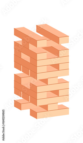 Wooden jenga blocks for table game. Stacked wooden pieces in skill boardgame. Classic jenga blocks for fun play and activity, simple flat style, ideal leisure and recreation designs.