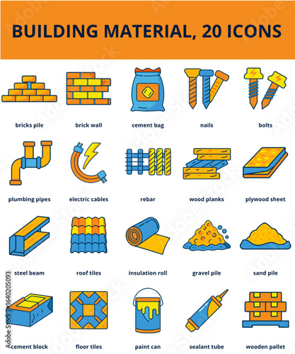 Set 24 Building material icons collection in colorful flat design collection flat colored outline style (blue, yellow orange colors)  in colorful vector style   