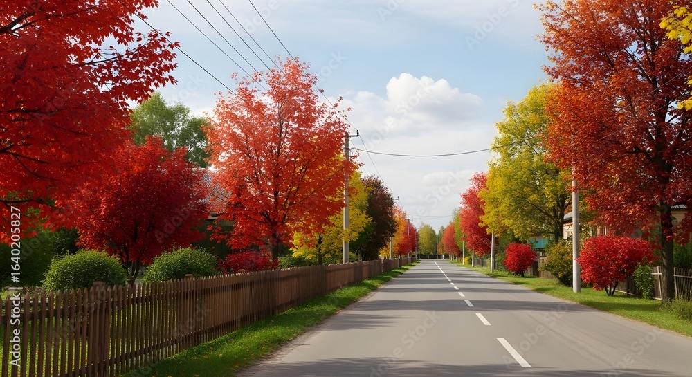 Naklejka premium Road stretches through a vibrant autumn landscape, lined with trees displaying red, orange, and yellow foliage under a partly cloudy sky.