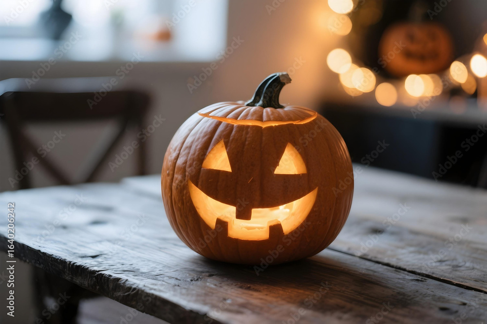 Fototapeta premium Halloween pumpkin with candle light and cozy home background — festive autumn decor
