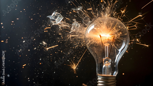 An incandescent light bulb violently explodes in mid-air, captured at the peak of its detonation