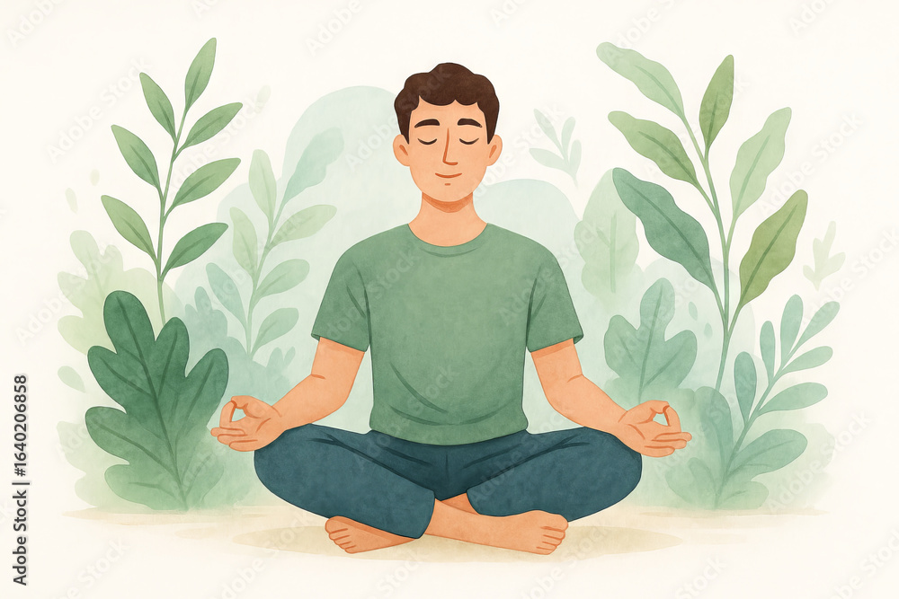 Young man practicing meditation in a peaceful nature setting surrounded by lush green plants, capturing the essence of tranquility and mindfulness in this calm illustration Young man practicing meditation in a peaceful nature setting surrounded by lush green plants, capturing the essence of tranquility and mindfulness in this calm illustration