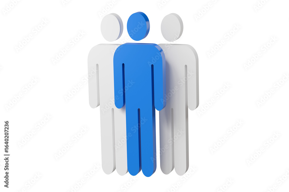3d group of people icon. blue leader standing in front of white figures. leadership and teamwork concept. minimal human symbol isolated on white. 3d render. 3d group of people icon. blue leader standing in front of white figures. leadership and teamwork concept. minimal human symbol isolated on white. 3d render.