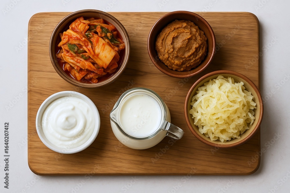 custom made wallpaper toronto digitalAssortment of fermented foods including kimchi, yogurt, and sauerkraut on wooden board. concept of healthy probiotics, traditional cuisine, gut health benefits.