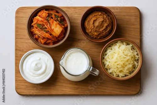 Assortment of fermented foods including kimchi, yogurt, and sauerkraut on wooden board. concept of healthy probiotics, traditional cuisine, gut health benefits.