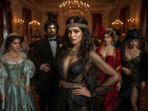 Elegant gekleidete Gäste in einem prunkvollen Saal während eines festlichen Kostümballs