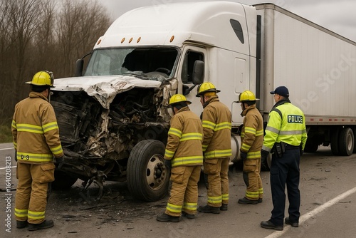 Firefighters and police responding to truck accident scene on highway during daytime. concept of emergency response, traffic accident management, public safety