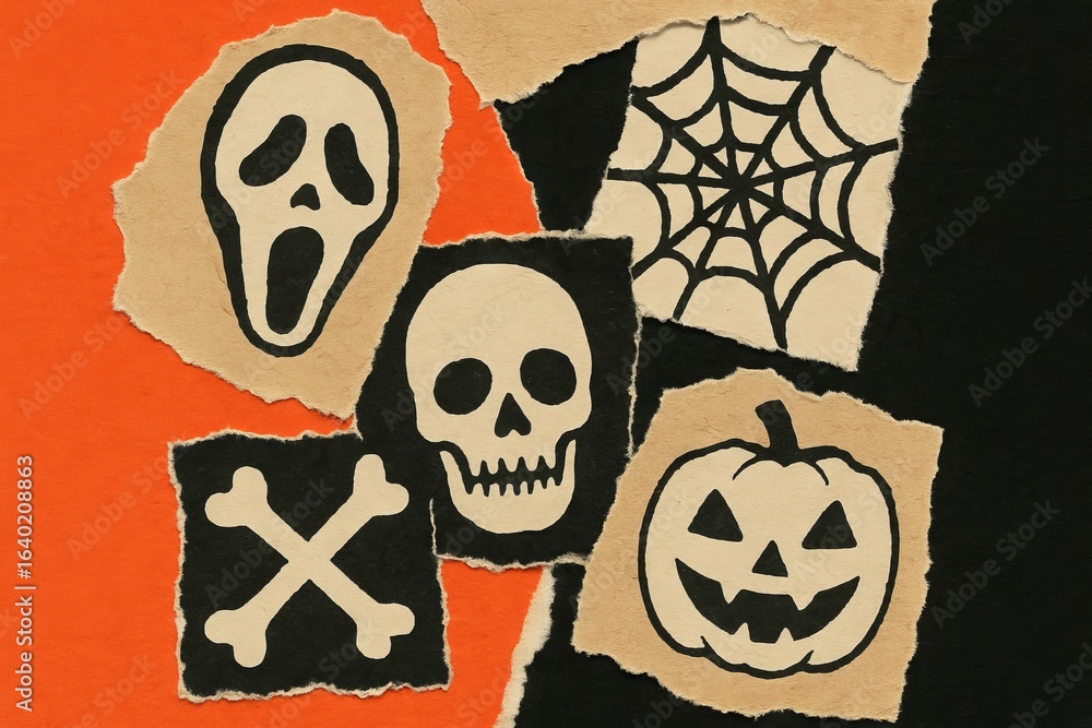 custom made wallpaper toronto digitalHalloween abstraction with skull, jack-o-lantern, and spider web on textured orange and black background. concept of spooky autumn decor, halloween celebration, and eerie design.