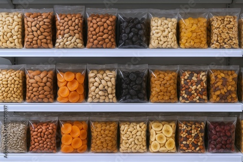 Assortment of nuts and dried fruits in rows of transparent bags on display shelf. concept of healthy snacks, variety, grocery store