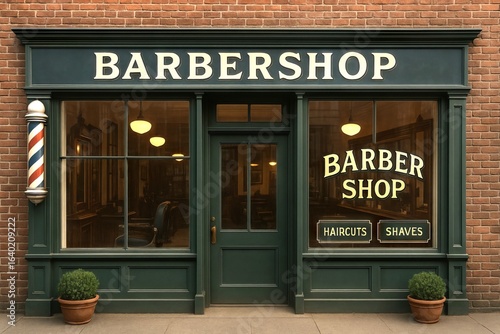 Classic barbershop facade featuring vintage signage and traditional barber pole on urban brick street. concept of nostalgia, grooming culture, timeless style.