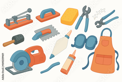 Construction tools linear icon set: hammer, saw, wrench, apron, safety gear