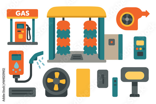 Car wash and gas station solid icon set for service stations and maintenance