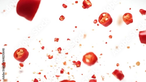 Red pepper slices and seeds scattered on a white background in motion