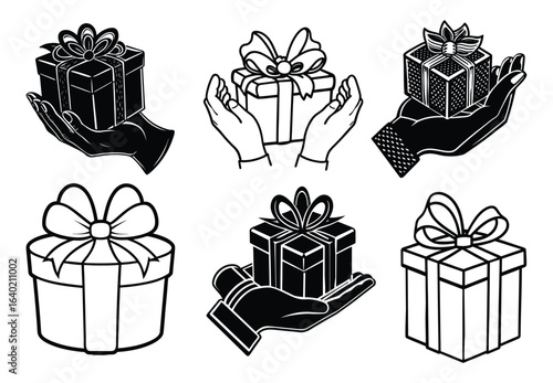 Gift-giving art: Artfully illustrated sets of hands tenderly present gift boxes, each adorned with ribbons. Perfect for conveying messages of generosity and appreciation.