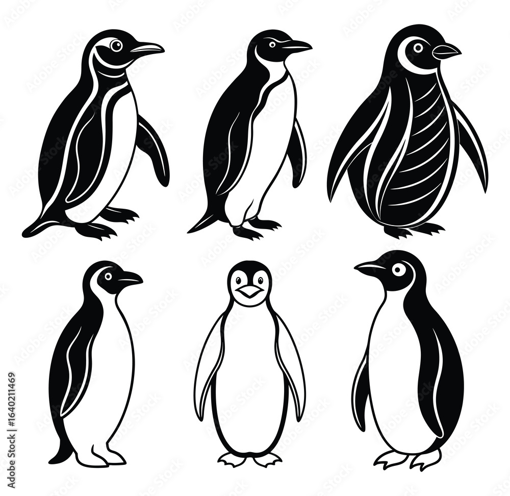 Naklejka premium Cute cartoon penguins in winter with snow and ice background