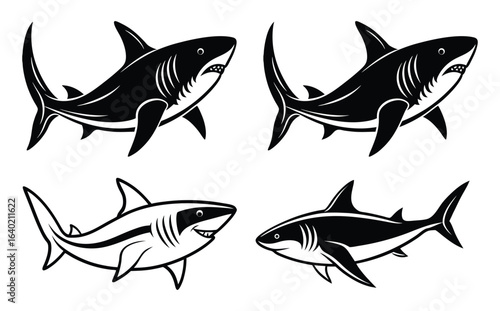 Sharks: Bold graphic depictions of sharks, presented in stark black and white contrast, capture their sleek forms and predatory nature, offering a powerful visual statement. 