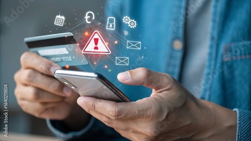 Man holding credit card and smartphone with digital warning icons and security alerts