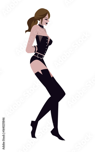 sensual woman in black leather with arms tied