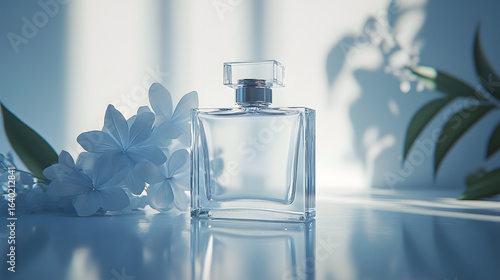 Luxury perfume bottle with square crystal glass design is elegantly displayed alongside delicate white flowers, casting soft shadows. serene setting evokes sense of sophistication and tranquility