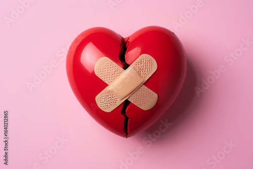 Broken heart with band aid concept for healing emotional pain and relationship repair