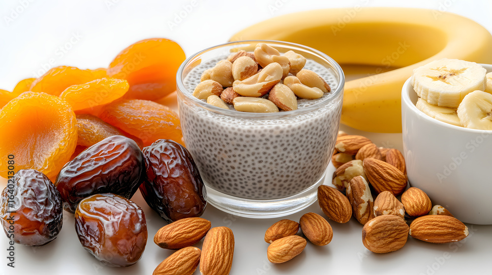 Healthy breakfast spread featuring chia pudding topped with mixed nuts, surrounded by dried apricots, dates, almonds, banana, and banana slices in cup Healthy breakfast spread featuring chia pudding topped with mixed nuts, surrounded by dried apricots, dates, almonds, banana, and banana slices in cup