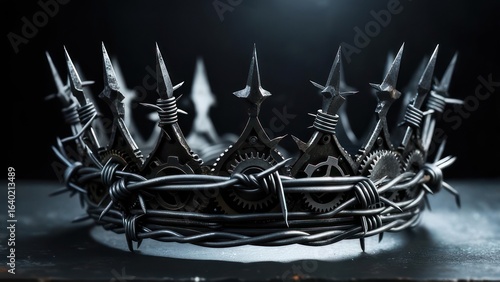 Dark, metallic crown with gears and barbed wire