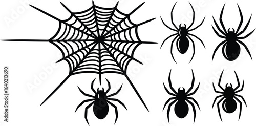 Vector art of set of black spider and web silhouettes isolated on white background