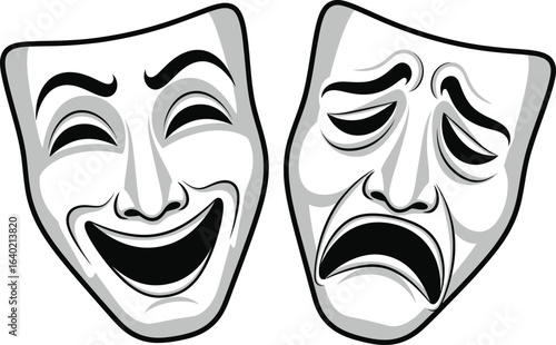 Vector art of theater masks representing comedy and tragedy, isolated on white background