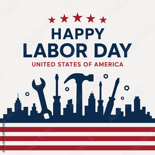 Happy Labor Day USA Skyline with Tools Silhouette and American Flag Stripes – Workers’ Holiday Celebration Design Honoring Employment, Industry, and National Pride