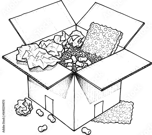 Open delivery box with packing materials with hand-drawn style