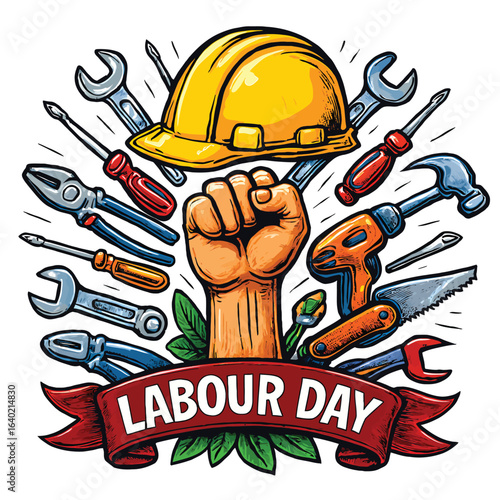 Labour Day Illustration with Raised Fist, Yellow Hard Hat, and Construction Tools – Worker Solidarity and Trade Union Celebration for International Workers’ Day and Labor Rights Events