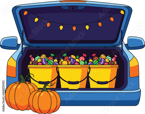 Vector art of halloween trunk or treat with pumpkins and candy buckets isolated on white background