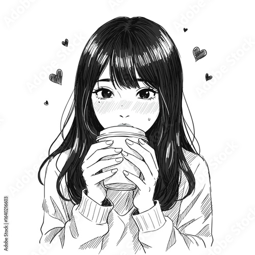 可愛くて恥ずかしそうな若い日本人女性がコーヒーを飲んでいるポートレート、白黒スケッチ、エングレービング、ドゥードゥルスタイル、ベクターイラスト、白背景

