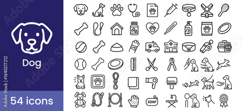 Dog and puppy icon set for pet care, including veterinary, grooming, training, food, and toy symbols.

