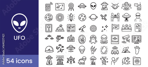 UFO and alien icon set for science fiction themes, featuring extraterrestrial life, spaceships, abduction, and conspiracy symbols.

