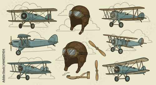 Vintage Retro Biplane and Pilot Gear Icons with Cloudy Sky Background Vector Set