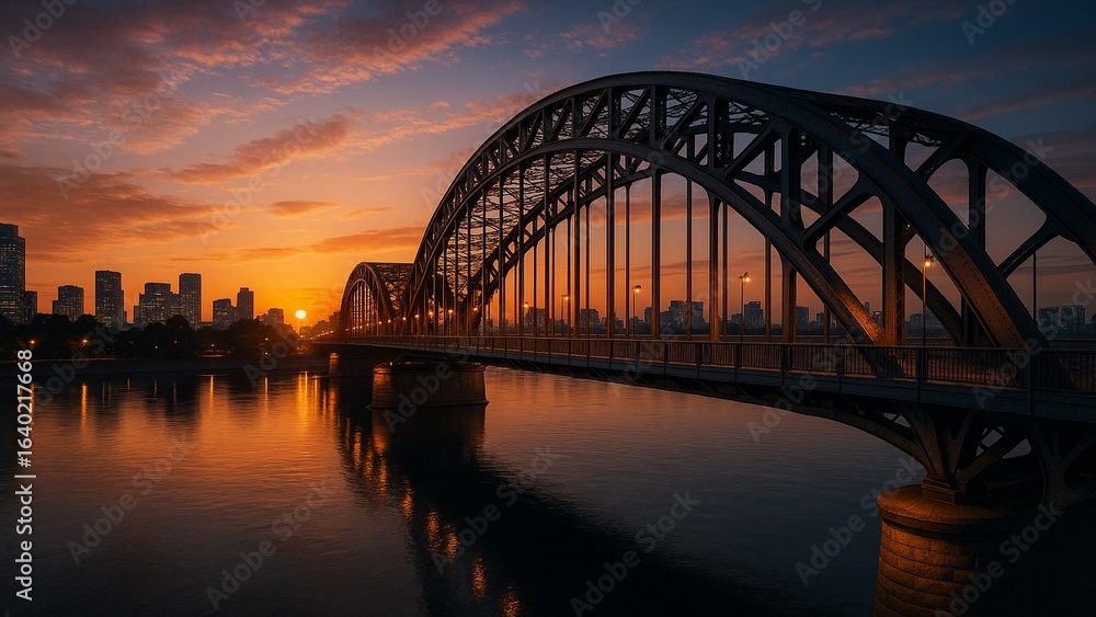 Naklejka premium Sunset View of Arch Bridge over River with City Skyline