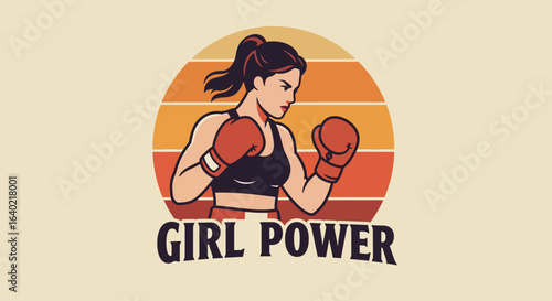 Vector Flat Solid Color Vintage Girl Power Logo Retro Women Boxing Emblem