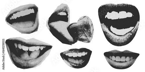 Halftone collage lips gesture set, Dotted modern retro y2k grunge pop art style. Cutout grainy clipping shapes.