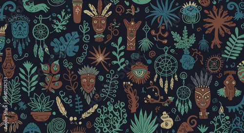 Vector Flat Solid Color Mysterious Doodles with Plants and Shamanic Objects