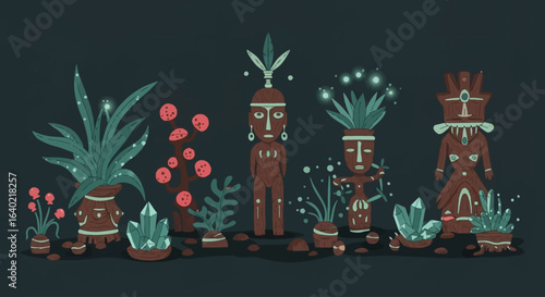 Vector Flat Solid Color Mysterious Doodles with Plants and Shamanic Objects