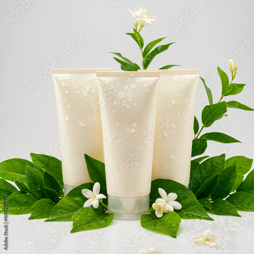 Sampoo and soap bottle. Cosmetic bottle with lily of the valley flowers and green leafs around. White background