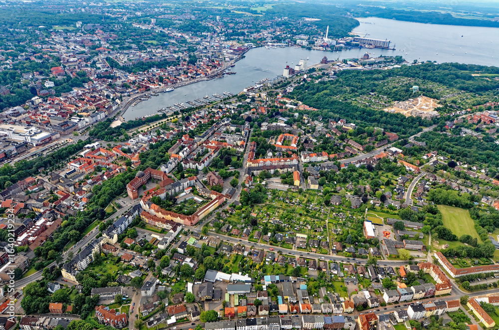 Fototapeta premium Aerial View of Flensburg and Surrounding Countryside in Summer 2015 harbor tip