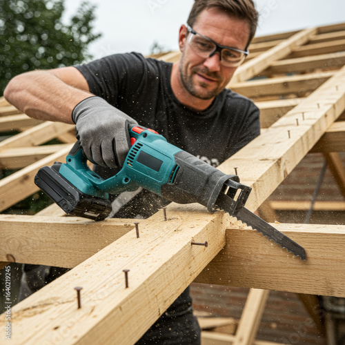 man cutting wood with a saber saw